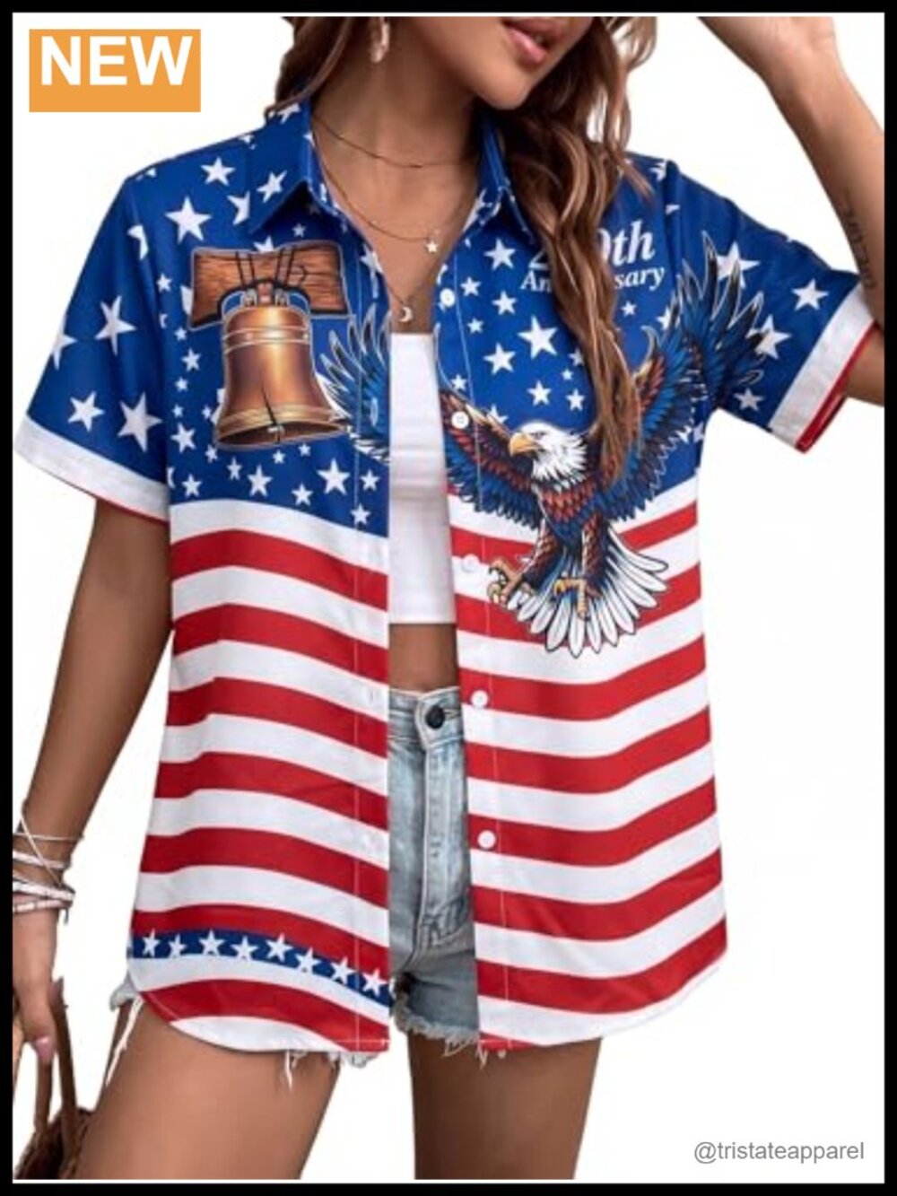 Patriotic American Flag T-Shirt Women V-Neck Short Sleeve